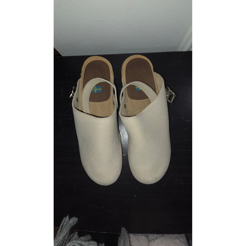 Swedish Wooden Clogs Beige Leather Slingback Buckle Shoes Size 39